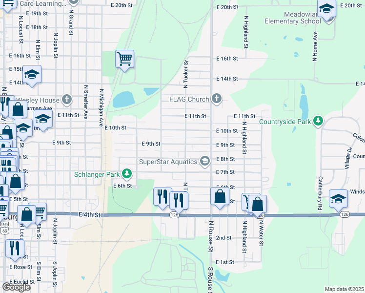 map of restaurants, bars, coffee shops, grocery stores, and more near 901-951 North Tucker Street in Pittsburg