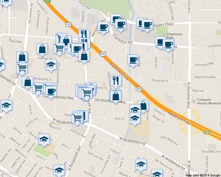 map of restaurants, bars, coffee shops, grocery stores, and more near Sierra Vista Ave & Colony St in Mountain View