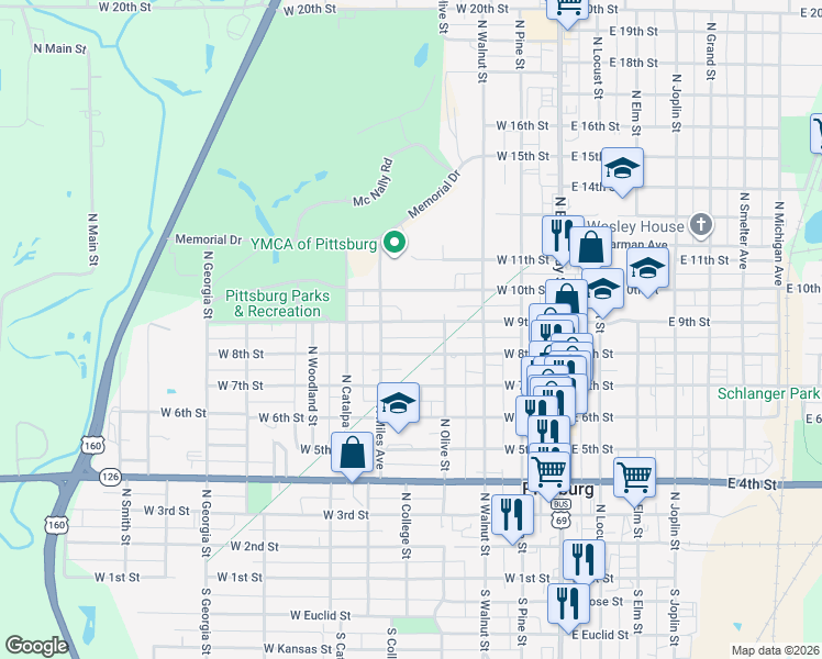 map of restaurants, bars, coffee shops, grocery stores, and more near 401-499 West 9th Street in Pittsburg