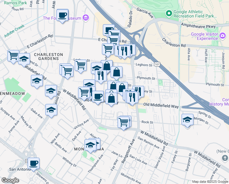 map of restaurants, bars, coffee shops, grocery stores, and more near 828 Reinert Avenue in Mountain View