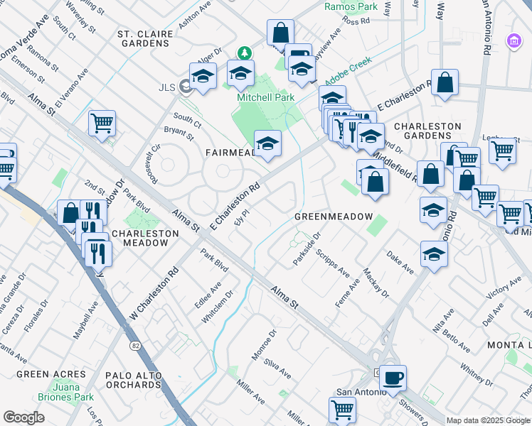 map of restaurants, bars, coffee shops, grocery stores, and more near 3835 Mumford Place in Palo Alto