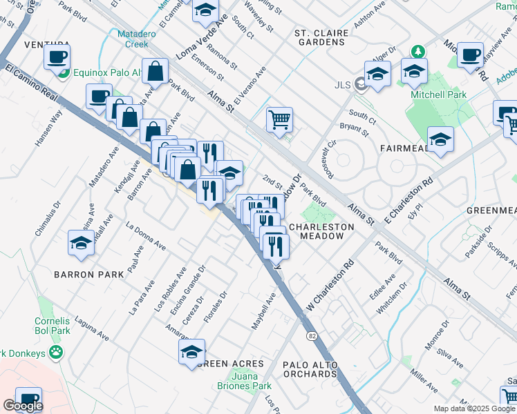 map of restaurants, bars, coffee shops, grocery stores, and more near 4085 Wilkie Way in Palo Alto