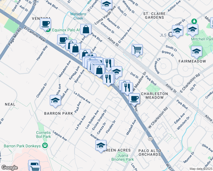 map of restaurants, bars, coffee shops, grocery stores, and more near 3898 Magnolia Drive in Palo Alto