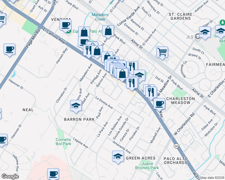 map of restaurants, bars, coffee shops, grocery stores, and more near 542 Military Way in Palo Alto