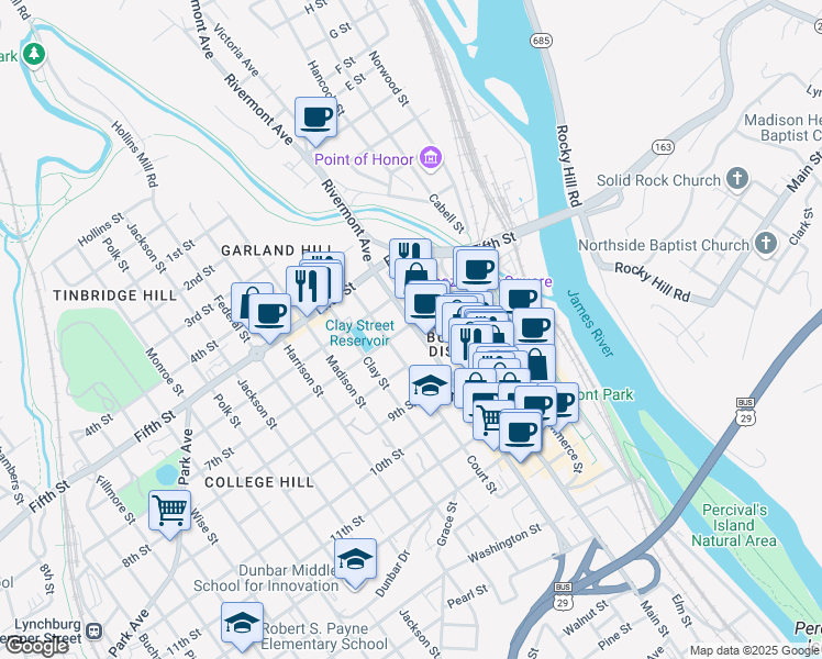 map of restaurants, bars, coffee shops, grocery stores, and more near 706 Church Street in Lynchburg