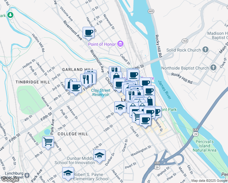 map of restaurants, bars, coffee shops, grocery stores, and more near 701 Church Street in Lynchburg