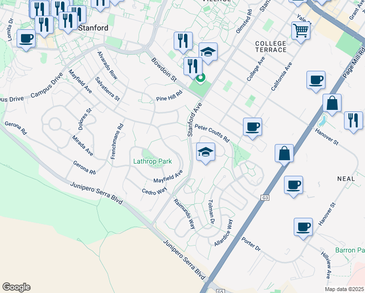 map of restaurants, bars, coffee shops, grocery stores, and more near 850 Sonoma Terrace in Stanford