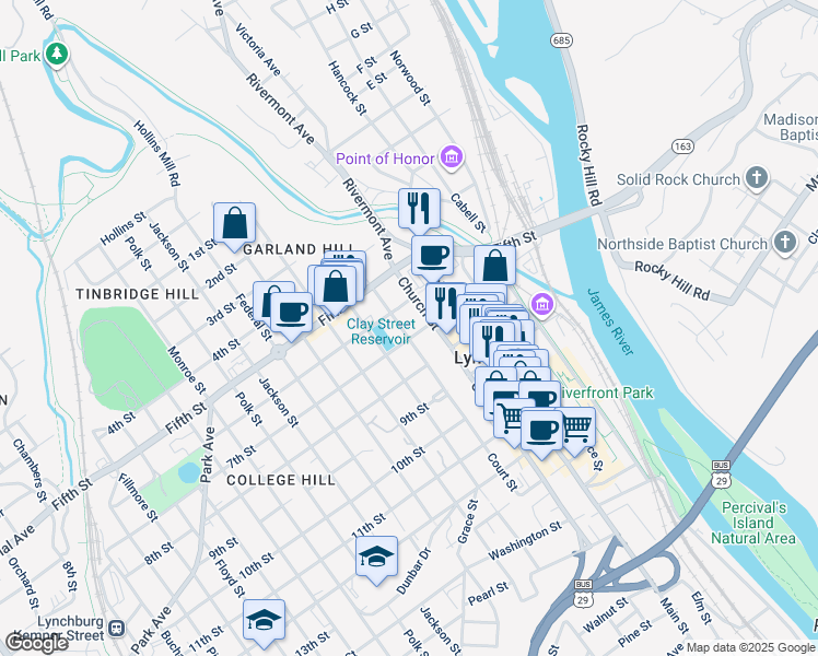 map of restaurants, bars, coffee shops, grocery stores, and more near 618 Court Street in Lynchburg