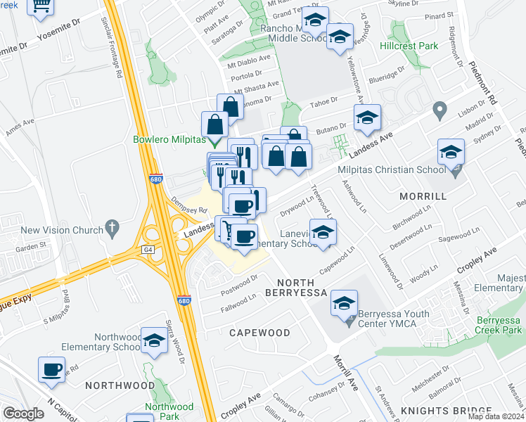 map of restaurants, bars, coffee shops, grocery stores, and more near 3102 Landess Avenue in San Jose