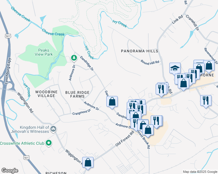 map of restaurants, bars, coffee shops, grocery stores, and more near 1000 Craigmont Drive in Lynchburg