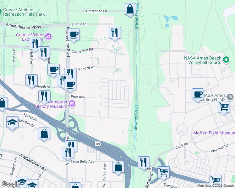 map of restaurants, bars, coffee shops, grocery stores, and more near 1075 Space Park Way in Mountain View