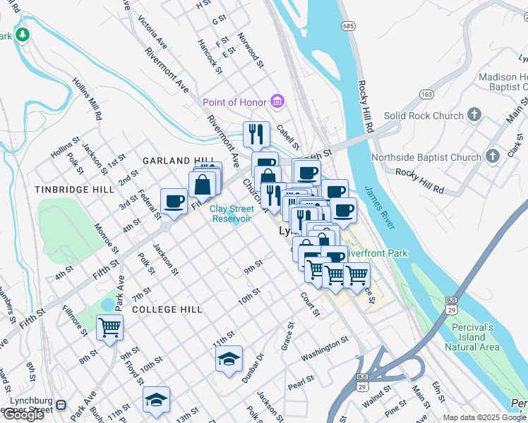 map of restaurants, bars, coffee shops, grocery stores, and more near 302 7th Street in Lynchburg