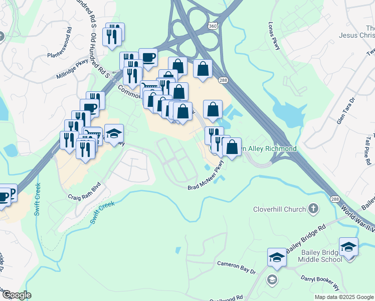 map of restaurants, bars, coffee shops, grocery stores, and more near 5300 Creek Heights Drive in Midlothian
