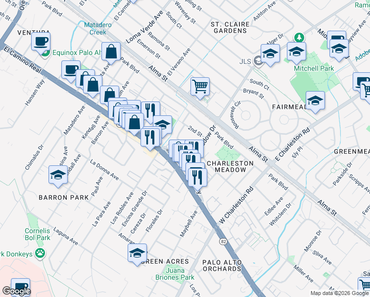 map of restaurants, bars, coffee shops, grocery stores, and more near 4085 Wilkie Way in Palo Alto