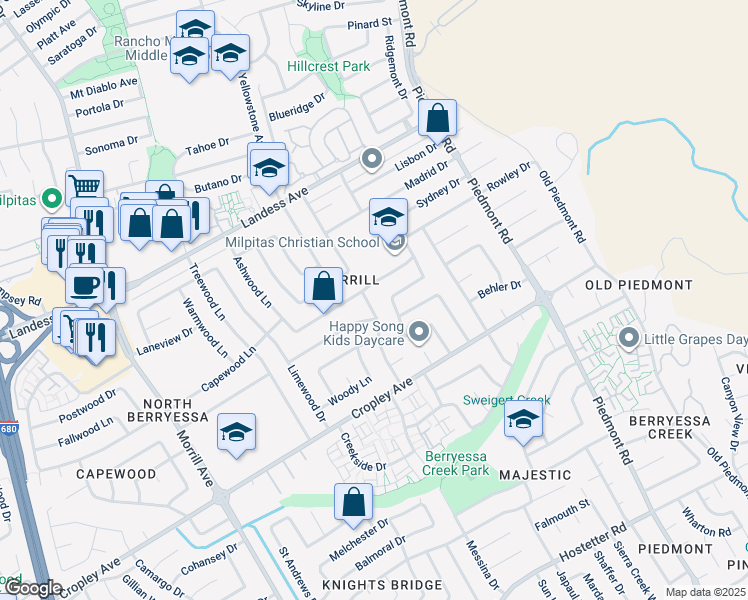 map of restaurants, bars, coffee shops, grocery stores, and more near 2036 Conifer Lane in San Jose