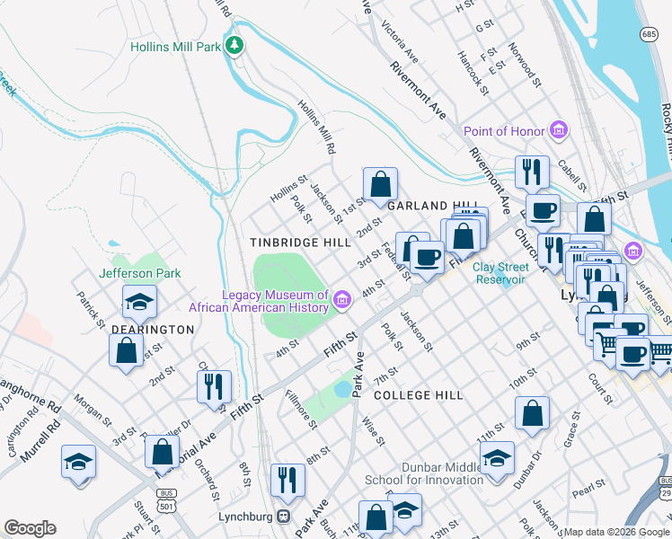 map of restaurants, bars, coffee shops, grocery stores, and more near 1008 2nd Street in Lynchburg
