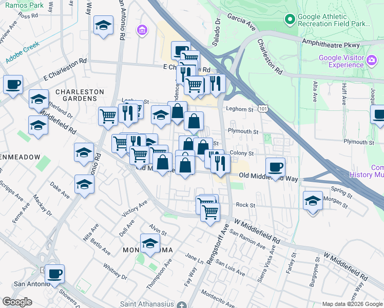 map of restaurants, bars, coffee shops, grocery stores, and more near 828 Reinert Avenue in Mountain View