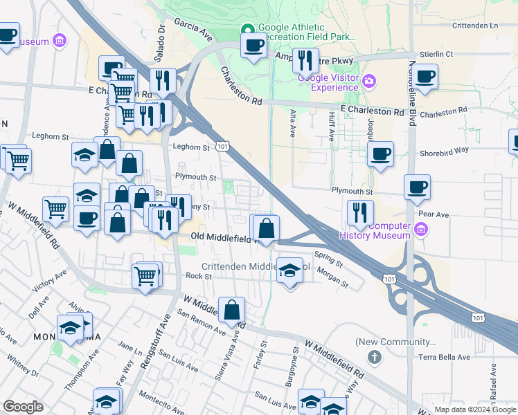 map of restaurants, bars, coffee shops, grocery stores, and more near 1912 Newbury Drive in Mountain View
