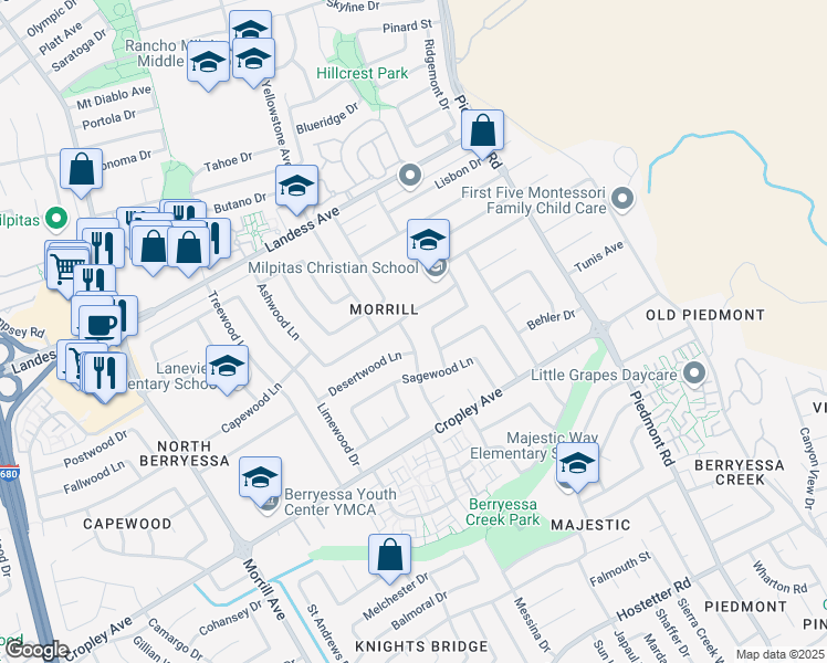 map of restaurants, bars, coffee shops, grocery stores, and more near 2036 Conifer Lane in San Jose