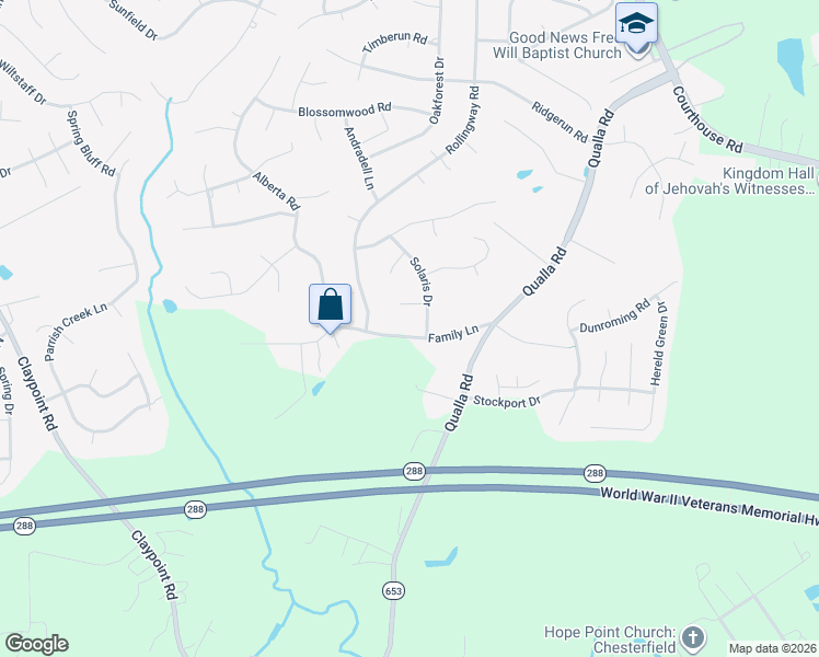 map of restaurants, bars, coffee shops, grocery stores, and more near 9906 Family Lane in Chesterfield