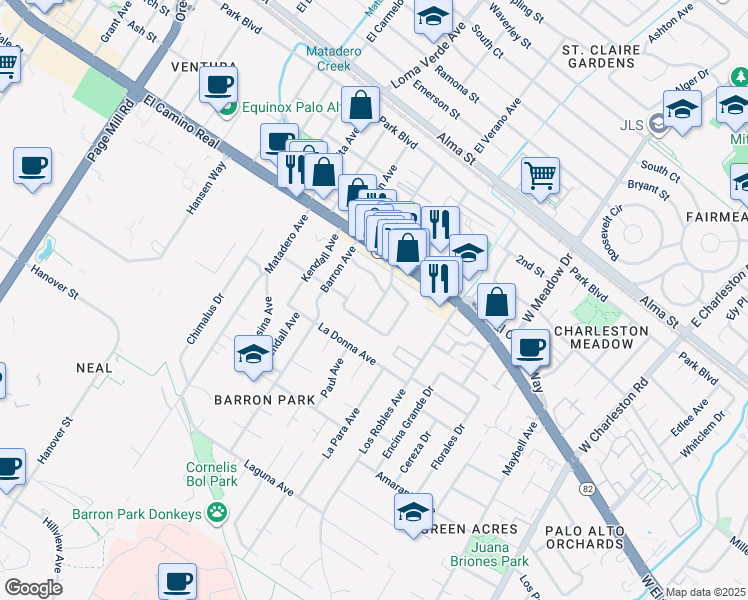 map of restaurants, bars, coffee shops, grocery stores, and more near 562 Military Way in Palo Alto