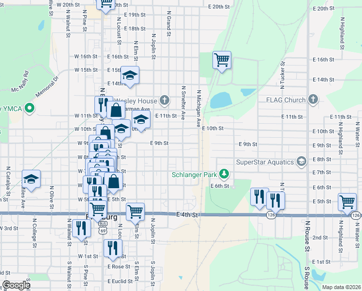 map of restaurants, bars, coffee shops, grocery stores, and more near 520 East 9th Street in Pittsburg