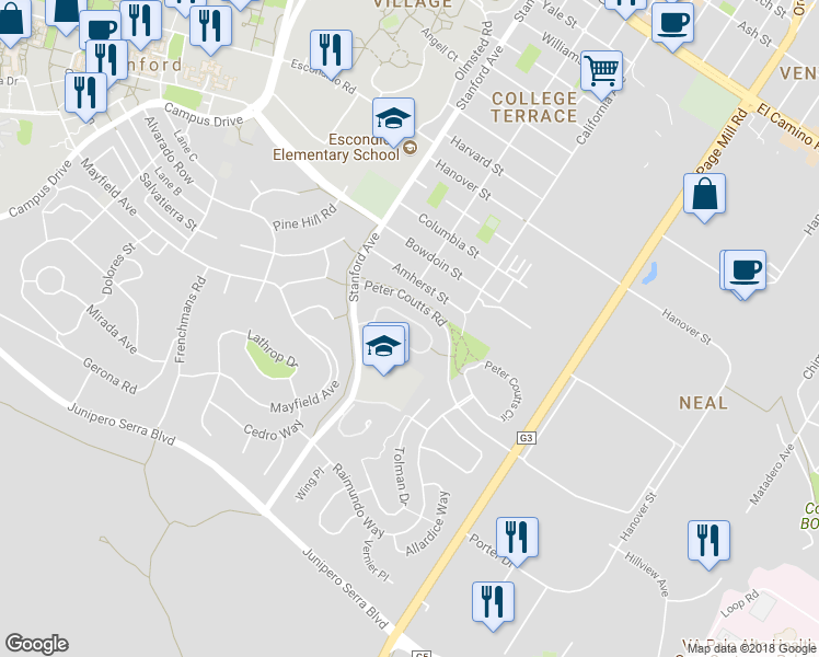 map of restaurants, bars, coffee shops, grocery stores, and more near 924 Mears Court in Stanford