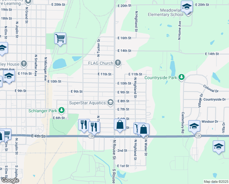 map of restaurants, bars, coffee shops, grocery stores, and more near 1101 East 9th Street in Pittsburg