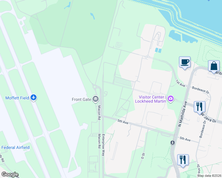 map of restaurants, bars, coffee shops, grocery stores, and more near 1111 Lockheed Martin Way in Sunnyvale