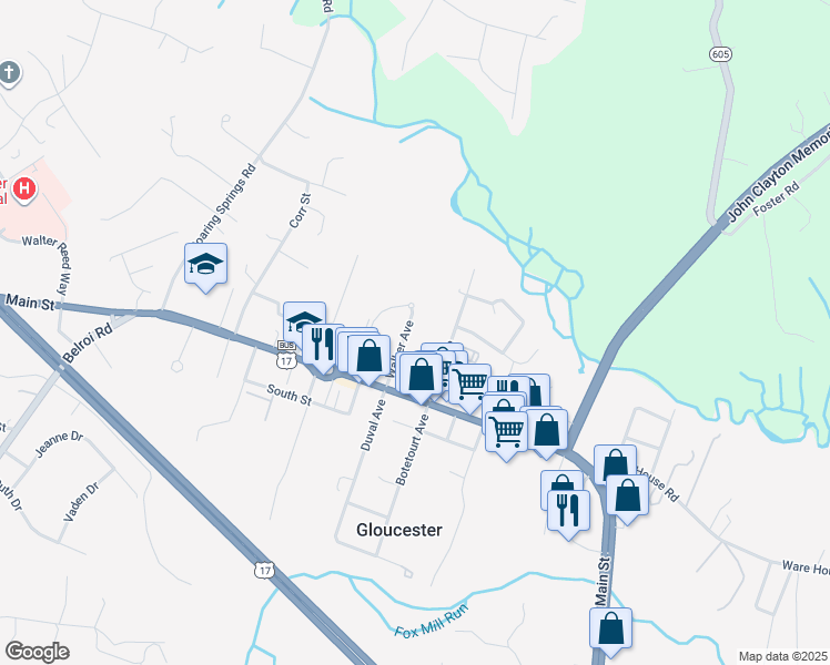 map of restaurants, bars, coffee shops, grocery stores, and more near 7407 Walker Avenue in Gloucester