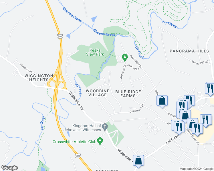 map of restaurants, bars, coffee shops, grocery stores, and more near 1424B Ramsgate Lane in Lynchburg