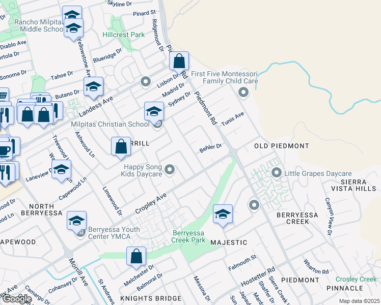 map of restaurants, bars, coffee shops, grocery stores, and more near 2059 Minto Drive in San Jose