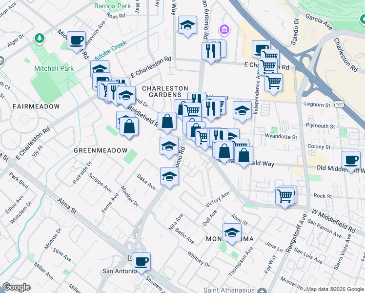 map of restaurants, bars, coffee shops, grocery stores, and more near in Palo Alto