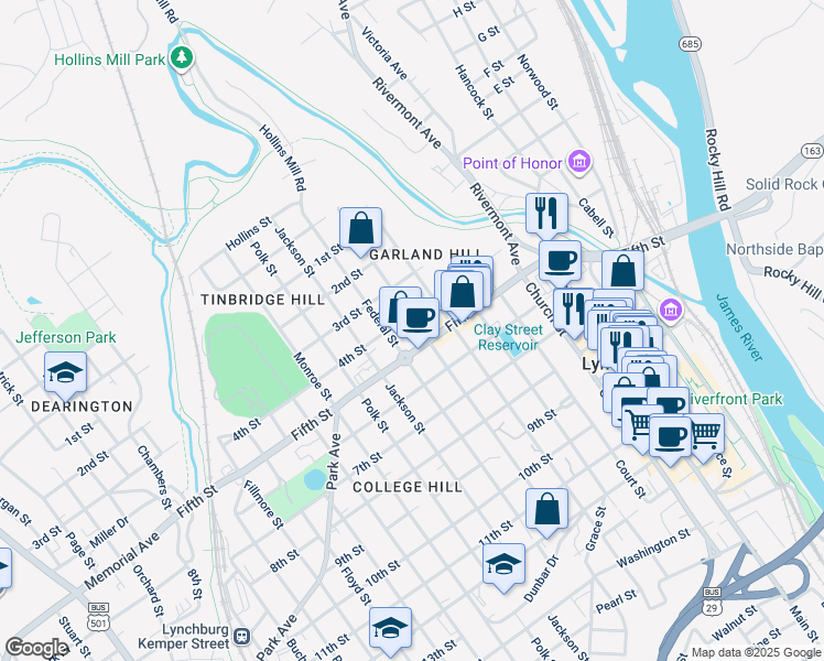 map of restaurants, bars, coffee shops, grocery stores, and more near 413 Harrison Street in Lynchburg