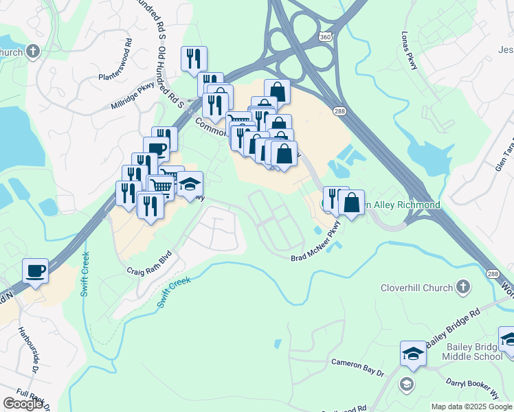 map of restaurants, bars, coffee shops, grocery stores, and more near 5212 Terrace Arbor Circle in Midlothian