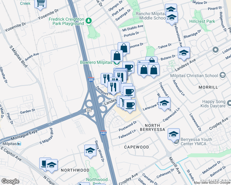 map of restaurants, bars, coffee shops, grocery stores, and more near 1455 Landess Avenue in Milpitas
