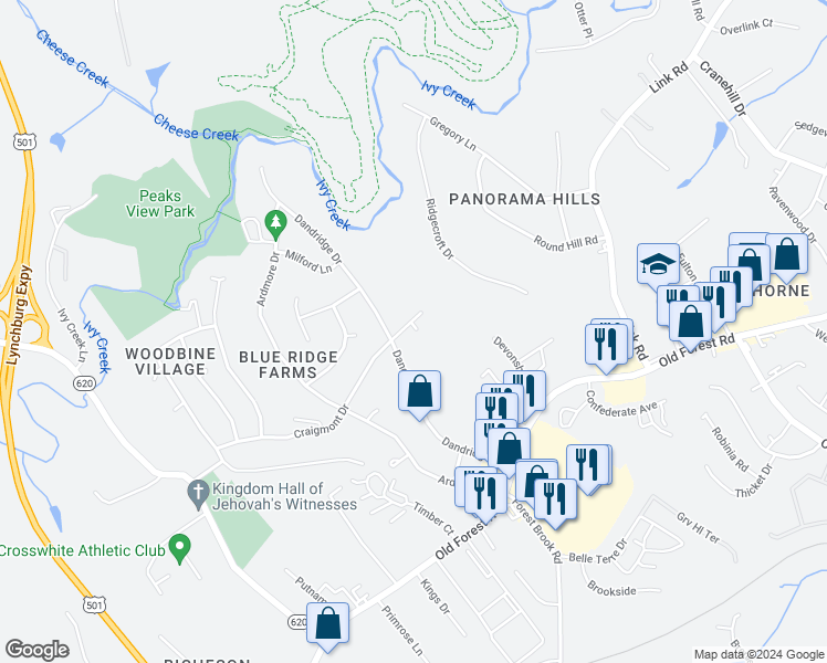 map of restaurants, bars, coffee shops, grocery stores, and more near 1002 Craigmont Drive in Lynchburg