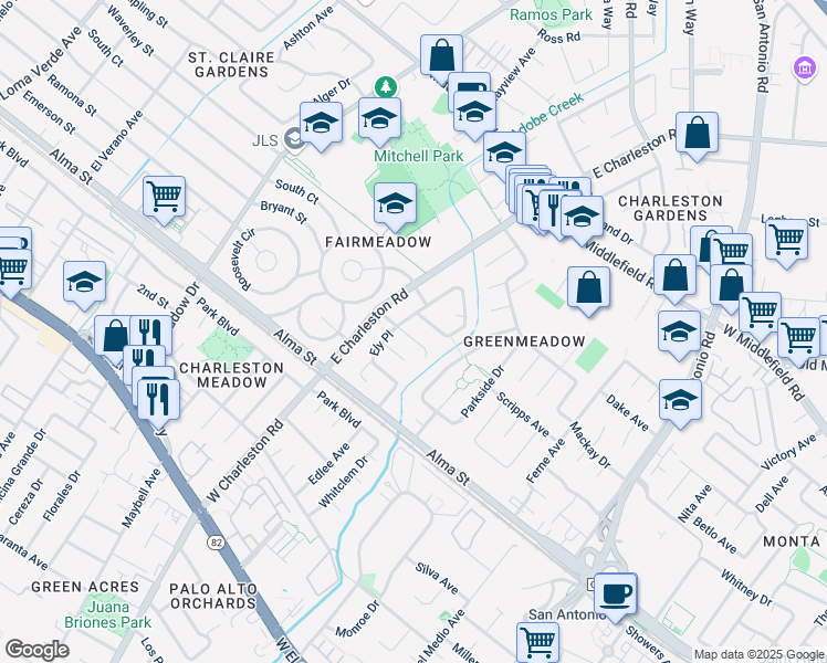map of restaurants, bars, coffee shops, grocery stores, and more near 3835 Mumford Place in Palo Alto