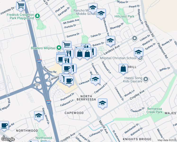 map of restaurants, bars, coffee shops, grocery stores, and more near 3141 Warmwood Lane in San Jose