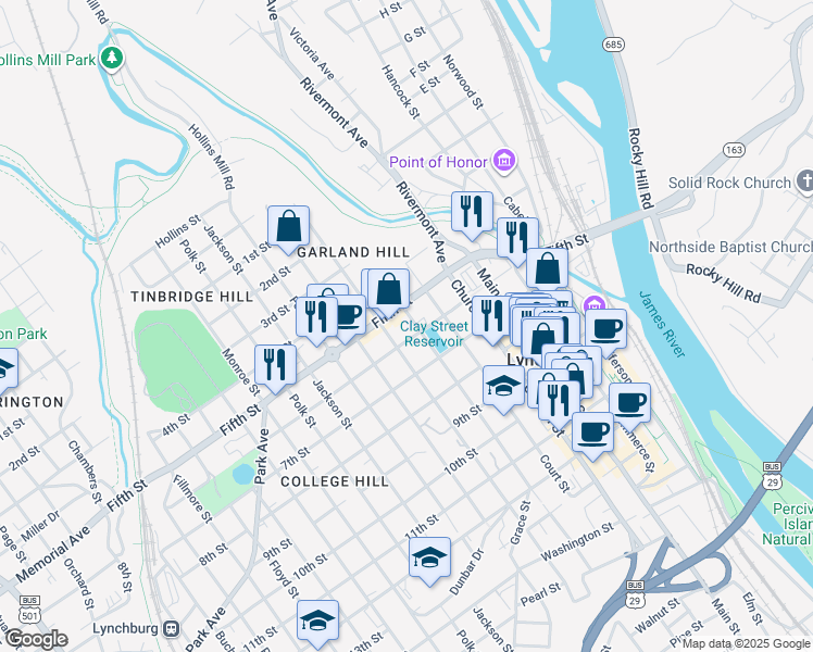 map of restaurants, bars, coffee shops, grocery stores, and more near 513 Clay Street in Lynchburg