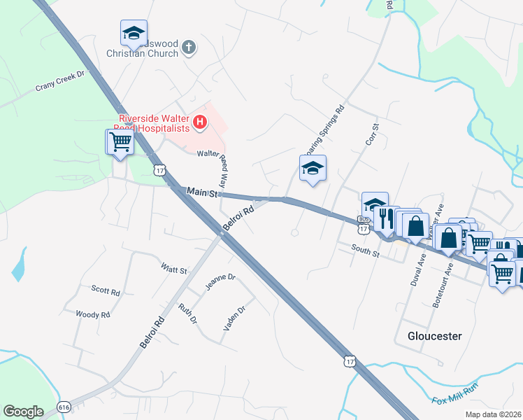 map of restaurants, bars, coffee shops, grocery stores, and more near 8051 Belroi Road in Gloucester