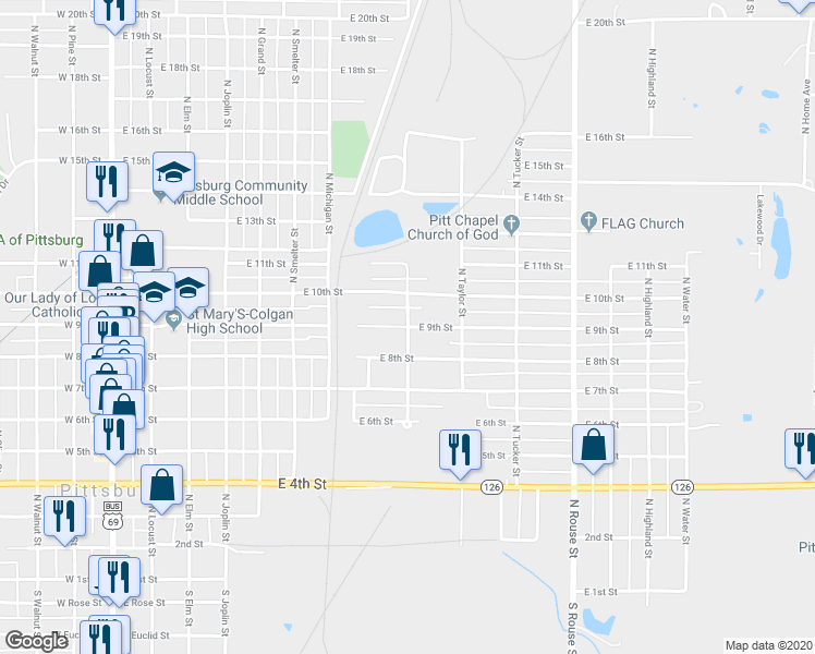 map of restaurants, bars, coffee shops, grocery stores, and more near 798 East 9th Street in Pittsburg