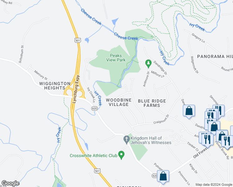 map of restaurants, bars, coffee shops, grocery stores, and more near 1438 Tenbury Drive in Lynchburg