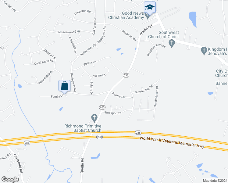 map of restaurants, bars, coffee shops, grocery stores, and more near 5543 Qualla Road in Chesterfield