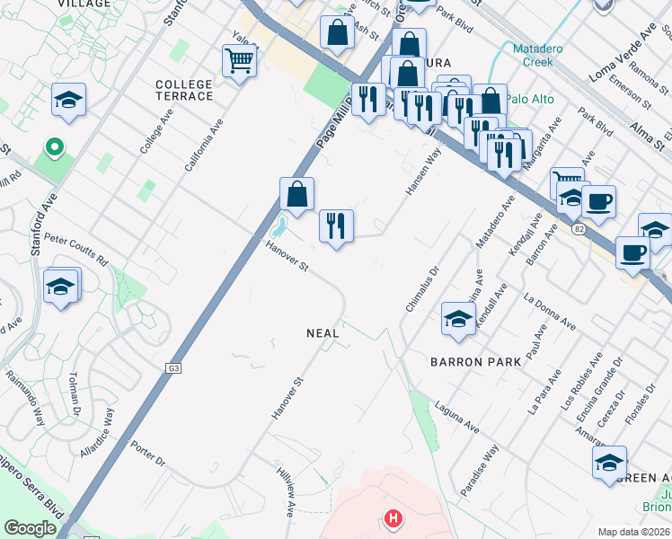 map of restaurants, bars, coffee shops, grocery stores, and more near 3120 Hansen Way in Palo Alto