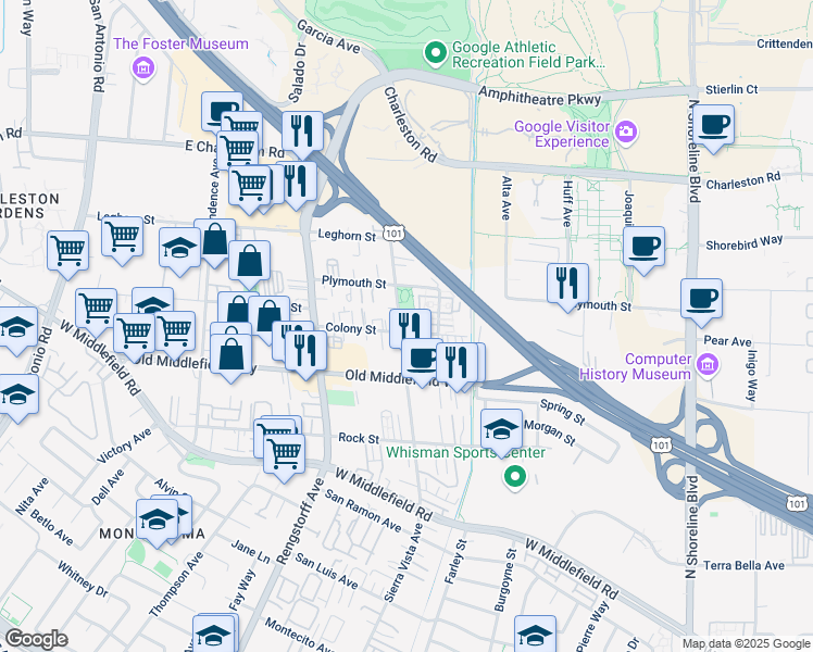 map of restaurants, bars, coffee shops, grocery stores, and more near 851 Sierra Vista Avenue in Mountain View
