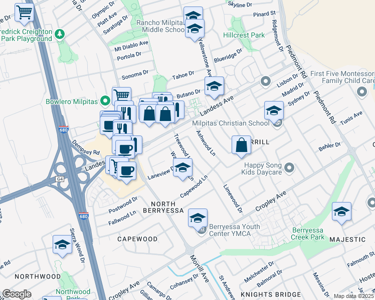 map of restaurants, bars, coffee shops, grocery stores, and more near 2122 Treewood Lane in San Jose