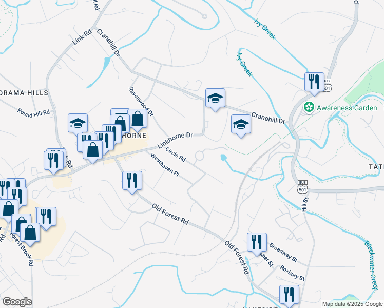 map of restaurants, bars, coffee shops, grocery stores, and more near 107 Village Park Court in Lynchburg