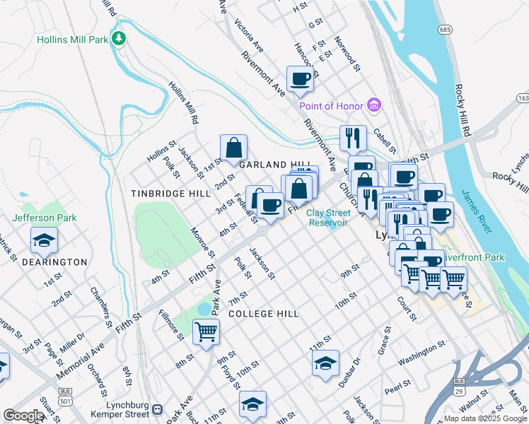 map of restaurants, bars, coffee shops, grocery stores, and more near 409 Harrison Street in Lynchburg