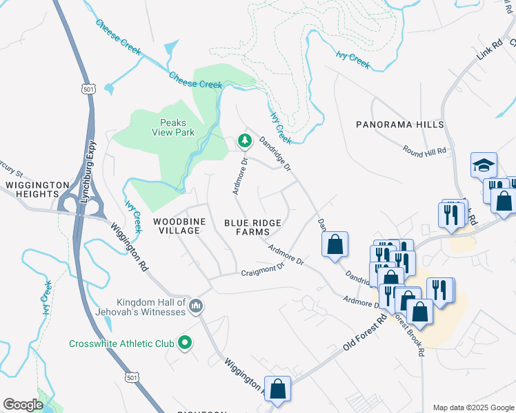 map of restaurants, bars, coffee shops, grocery stores, and more near 1109 Standish Circle in Lynchburg